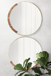 Two gold framed mirrors decorated with wood pattern with fiddle-leaf fig leaves mockup