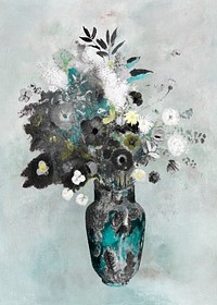Bouquet in a turquoise Chinese vase vintage illustration, remix from original artwork.
