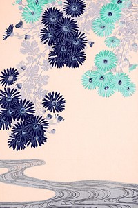 Chrysanthemums​​​​​​ flowers over the stream vintage wall art print poster design remix from original artwork by Ohara Koson.