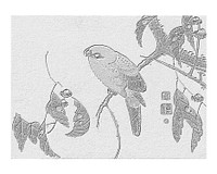 Parrot on a tree branch monochrome vintage wall art print poster design remix from original artwork by Ito Jakuchu.