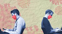 Men with masks having physical distancing in the office social template illustration