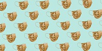 Golden face mask pattern on a green background