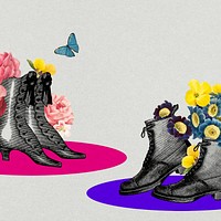 Vintage pairs of shoes with flowers physical distancing concept illustration social ad