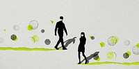Man and woman&#39;s silhouette wearing masks with coronavirus contaminated background banner