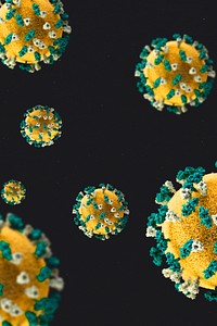 Yellow and green novel coronavirus under the microscope on a black background 