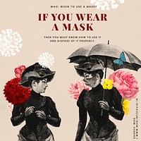 Advice on proper ways to wear a mask provided by WHO and vintage illustration vector social ad