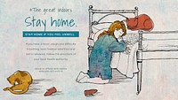 Little girl staying home praying illustration psd mockup banner and WHO&#39;s advice on self isolatation