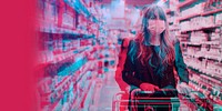 Woman in a supermarket during the COVID-19 pandemic double exposure photography banner