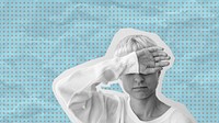 Sick woman having a headache blue banner