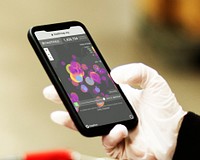 Woman wearing sanitary gloves reading confirmed cases of Covid-19 for countries across the globe from a mobile phone mockup with editorial graphic from <a href="https://www.healthmap.org/covid-19" target="_blank">https://www.healthmap.org/covid-19</a> accessed on April 8th 2020. BANGKOK, THAILAND - MARCH 24, 2020