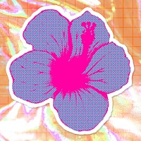 Funky neon halftone Hibiscus flower sticker with white border