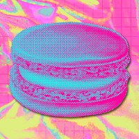 Funky neon halftone macaron sticker overlay with white border