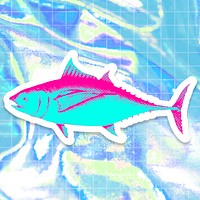 Hand drawn funky tuna fish with a face halftone style sticker with a white border