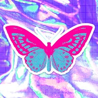 Hand drawn funky butterfly halftone style sticker with a white border