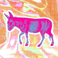 Hand drawn funky donkey halftone style sticker with a white border