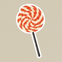 Hand drawn swirl lollipop halftone style sticker with a white border illustration