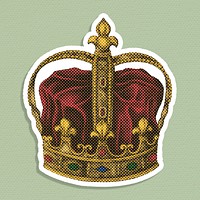 Hand drawn royal crown halftone style sticker with a white border illustration