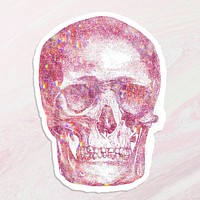 Pink holographic skull sticker with a white border