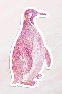 Pink holographic Magellanic penguin sticker with a white border