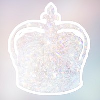 Silvery holographic royal crown sticker with a white border