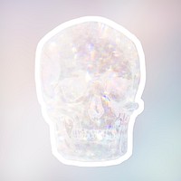 Silvery holographic skull sticker with a white border