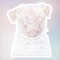 Silvery holographic pug puppy sticker with a white border