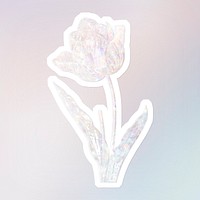 Silver holographic tulip flower sticker with white border