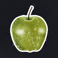 Hand drawn sparkling green apple sticker with white border