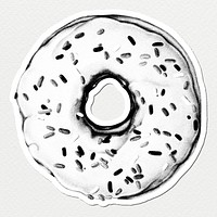 Black and white glazed doughnut drawing style sticker illustration with white border