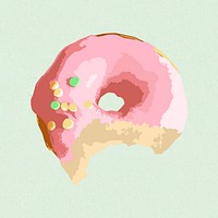 Vectorized bitten pink glazed donut on a green background