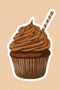 Vectorized chocolate cupcake sticker overlay with a white border design element