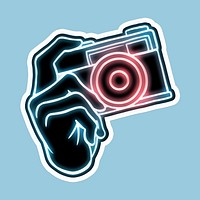 Neon analog camera sticker overlay on a blue background design resource