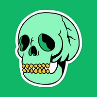 Green skull with gold teeth sticker with a white border