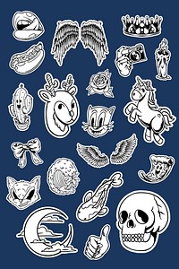 Cool black and white sticker set design resources