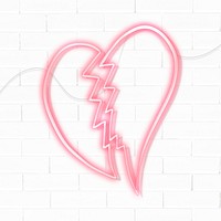 Neon red broken heart sticker overlay design resource on a white brick wall background