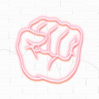 Neon red raised fist sticker overlay design resource on a white brick wall background