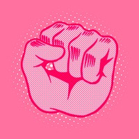 Pop art style pink raised fist sticker overlay with halftone effects design resource