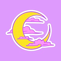 Crescent moon with clouds sticker with a white border