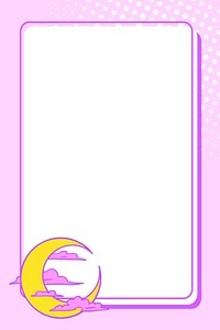 Pop art yellow crescent moon with pink clouds frame
