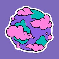 Purple earth with pink clouds sticker with a white border on a purple background vector