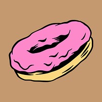 Pink glazed donut sticker on a brown background vector