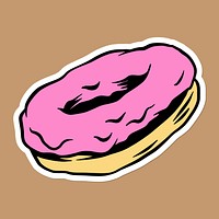 Pink glazed donut sticker with a white border on a brown background vector