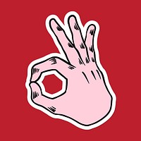 Cool pop art OK hand sign sticker with a white border on a red background vector
