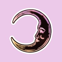 Neon crescent moon face sticker overlay on a lilac background