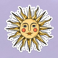 Yellow sun with a face sticker overlay with a white border