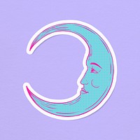 Teal green crescent moon face sticker overlay on a lavender background 
