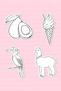 Food and animal sticker black and white collection cartoon illustration