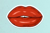 Red glossy lips sticker on blue background