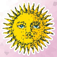 Crystallized sun with a face sticker overlay with a white border illustration