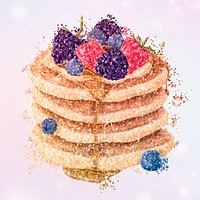 Glittery pancake topped with berries sticker overlay on a pastel purple background